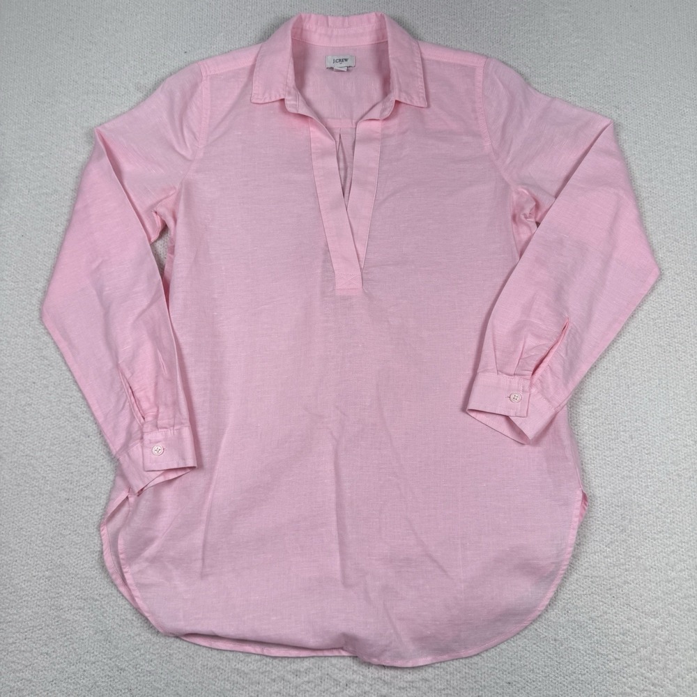 J Crew Shirt Women XXS Oversized High Low‎ Popover Tunic Linen Cotton Pink